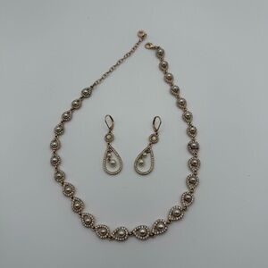 Anne Klein Gold Tone Faux Pearl Necklace 16” Collar & Orbital Drop Earrings Set